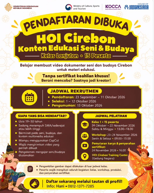 Pendaftaran Dibuka! HOI Cirebon 2026 Cari 15 Kreator Muda, Belajar Bikin Konten Seni dan Budaya